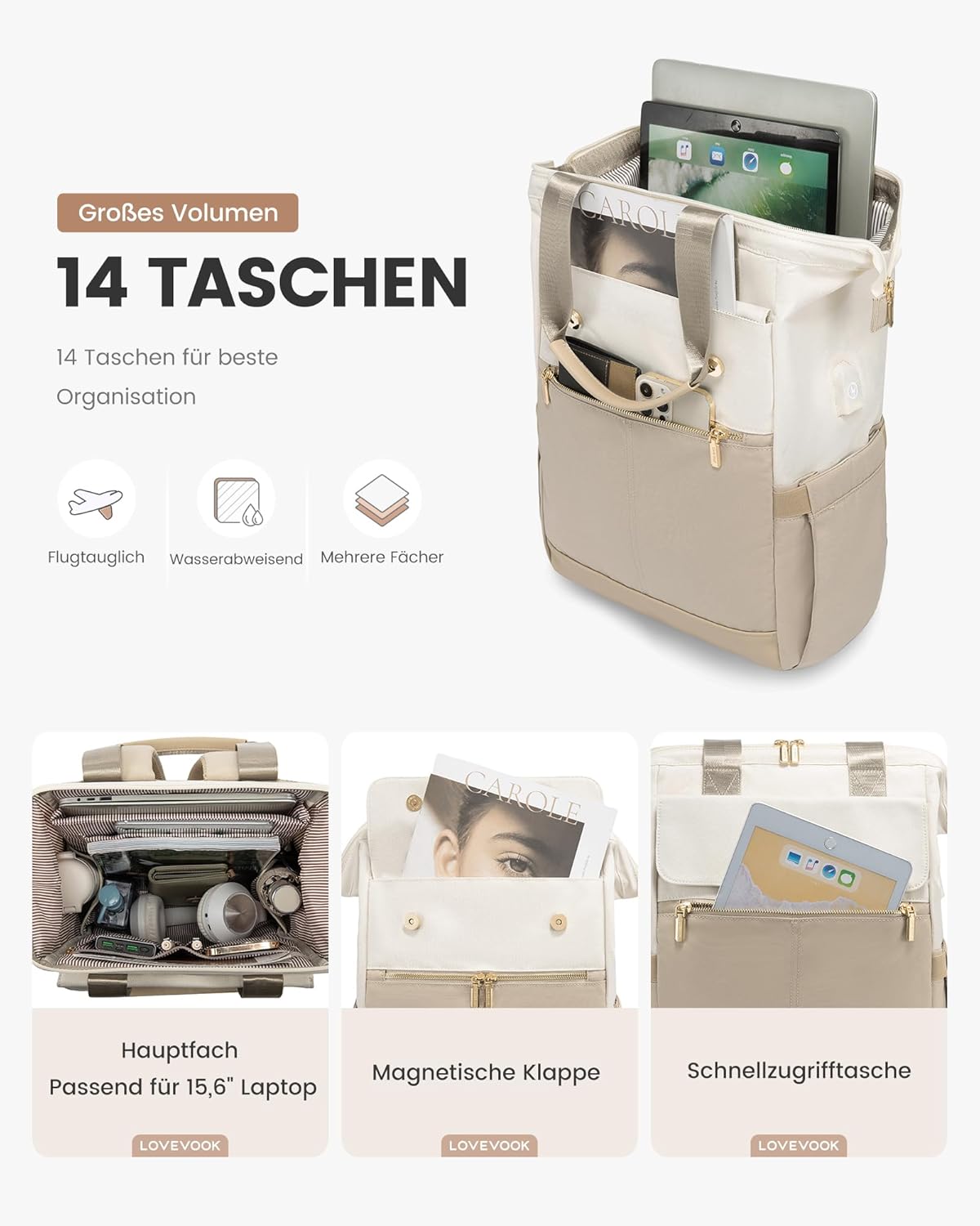 LOVEVOOK Damen Rucksack Laptop Schulrucksack Wasserdicht Schultasche – Bild 3