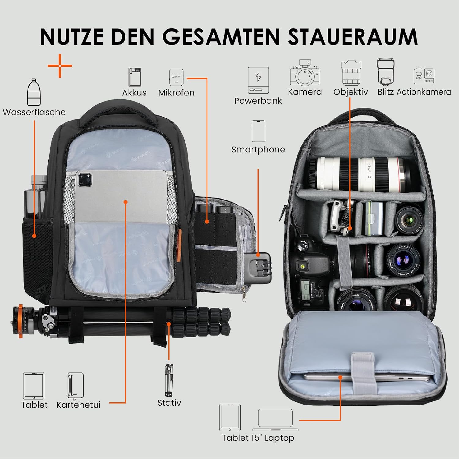 TARION Kamerarucksack Leichter Kamerarucksack mit 15-Zoll-Laptop – Bild 2