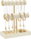 SONGMICS Armbandhalter-Ständer, Schmuckständer, Schmuck-Organizer mit 3 Ebenen und Samtablage, abnehmbarer Ringhalter, Cremeweiß und Hellgold JJS039W101