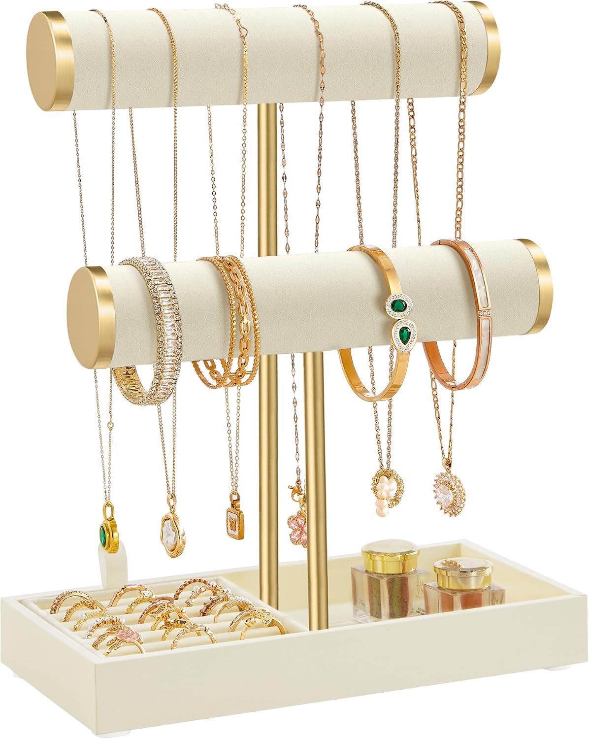 SONGMICS Armbandhalter-Ständer, Schmuckständer, Schmuck-Organizer mit 3 Ebenen und Samtablage, abnehmbarer Ringhalter, Cremeweiß und Hellgold JJS039W101