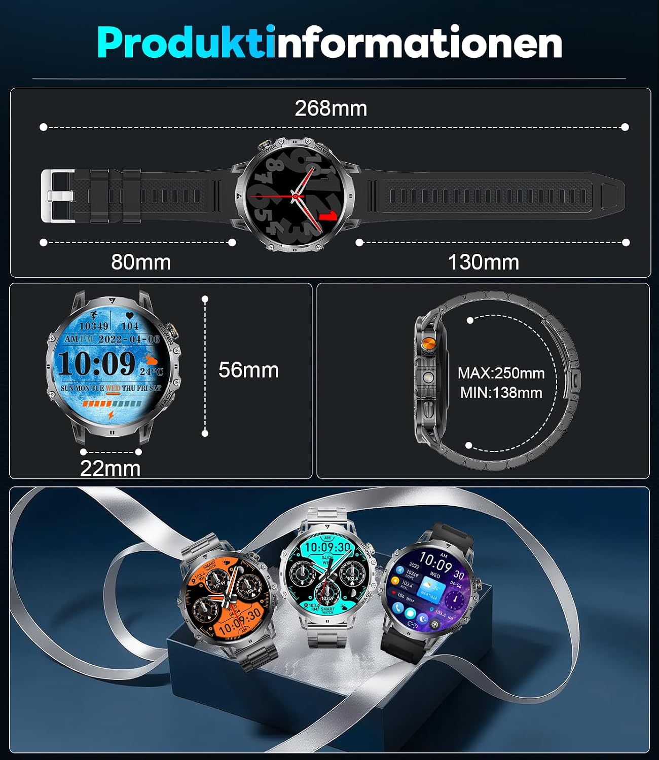 LIGE Militär-Smartwatch für Herren – 1400 mAh/1,85 Zoll HD großer Touchscreen/LED-Licht, Fitnessuhr mit über 110 Sportmodi, Herz-/Schlaf-Tracking, 2 Armbänder, IP68 wasserdicht, Sportuhr für iOS – Bild 11