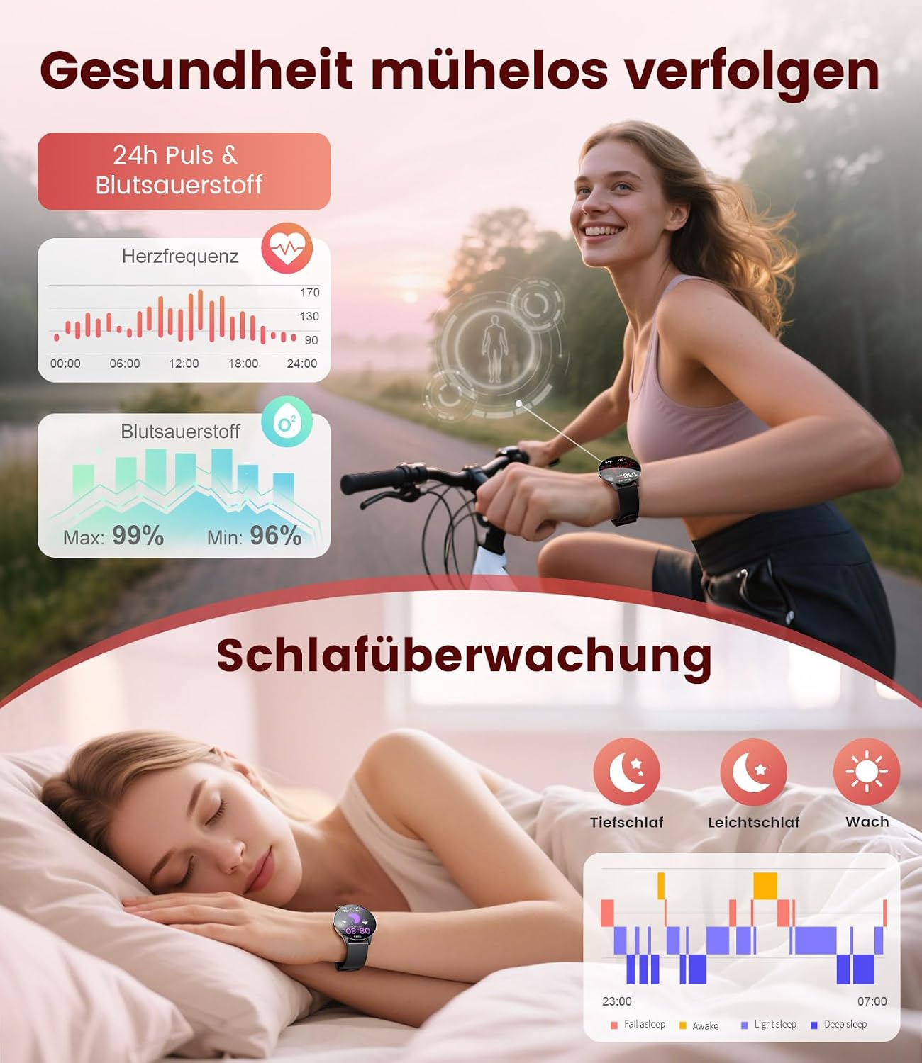 Damen Smartwatch (2 Armbänder), Premium Metallarmband, 1,43 Zoll HD AMOLED Display, 120+ Sportmodi, Fitnessuhr mit Schlaftracking, Telefonfunktion, Uhr für iOS Android, Schwarz – Bild 6