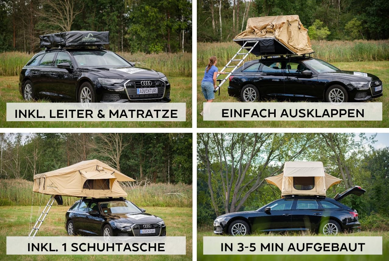 Autodachzelt mit Vorzelt 160 x 240 cm für 3-4 Personen – höhenverstellbares Vorzelt – inklusive Komfortmatratze – regensicher 5000 mm Wassersäule – Bild 2