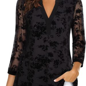 Vafoly Women’s 3/4 Sleeve Top, Henley V-Neck, Double Layer, Mesh...