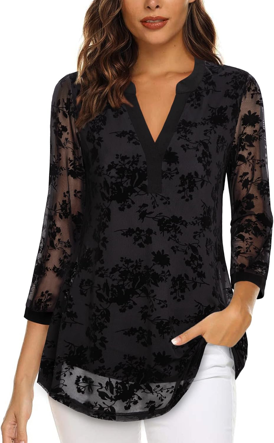 Vafoly Women's 3/4 Sleeve Top, Henley V-Neck, Double Layer, Mesh, Blouse, Tunic