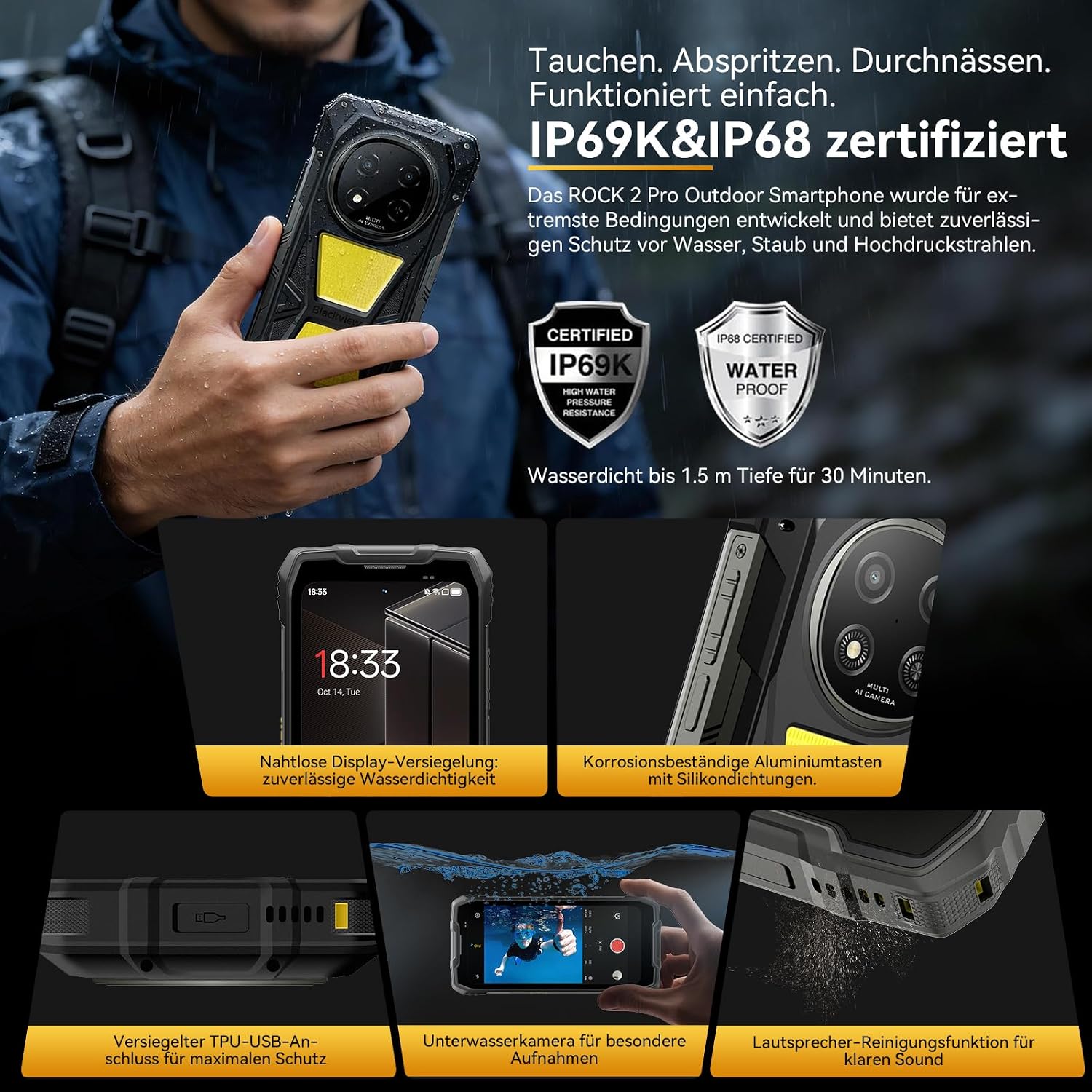 Blackview Rock 2 Pro Outdoor-Handy ohne Vertrag, Android 16 Outdoor-Smartphone 5G 32 GB + 256 GB, 6,67 Zoll HD+ Display 120 Hz 15000 mAh IP69K, 16 MP AI-Kamera, NFC/OTG/GPS/Gemini AI/Handschuhmodus 2.0 – Bild 2