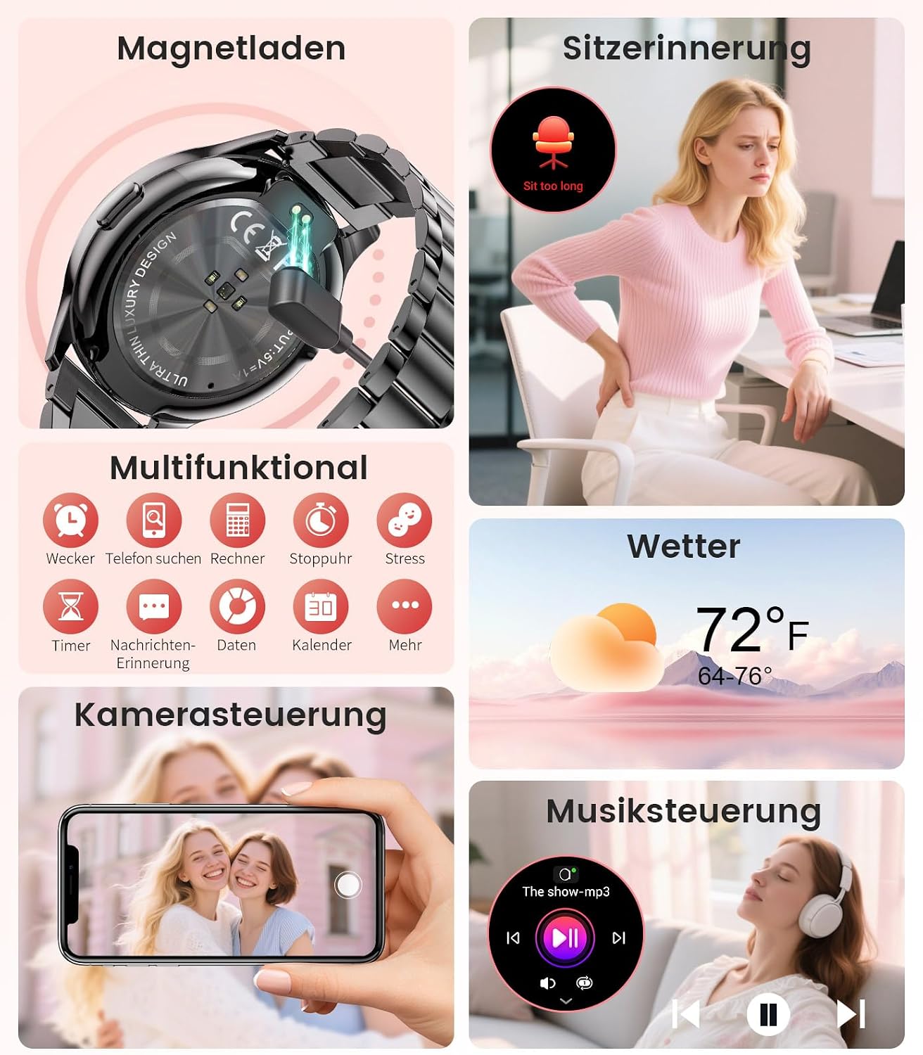 Damen Smartwatch (2 Armbänder), Premium Metallarmband, 1,43 Zoll HD AMOLED Display, 120+ Sportmodi, Fitnessuhr mit Schlaftracking, Telefonfunktion, Uhr für iOS Android, Schwarz – Bild 8