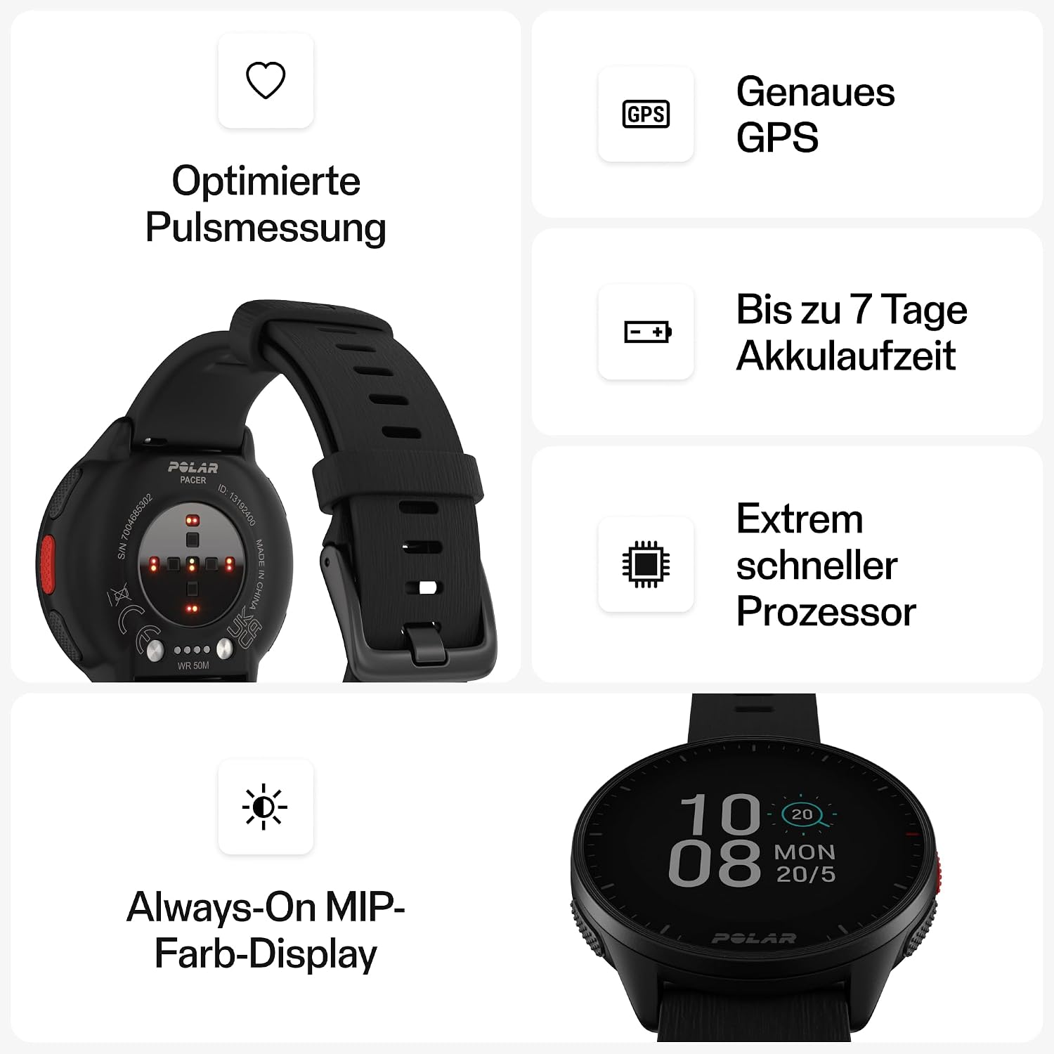 Polar Pacer – GPS-Laufuhr – Sehr schneller Prozessor – Ultraleicht – Helles Display – Rutschfeste Tasten – Personalisiertes Trainingsprogramm & Erholungsfunktionen – Herzfrequenzmesser – Musiksteuerung – Bild 7
