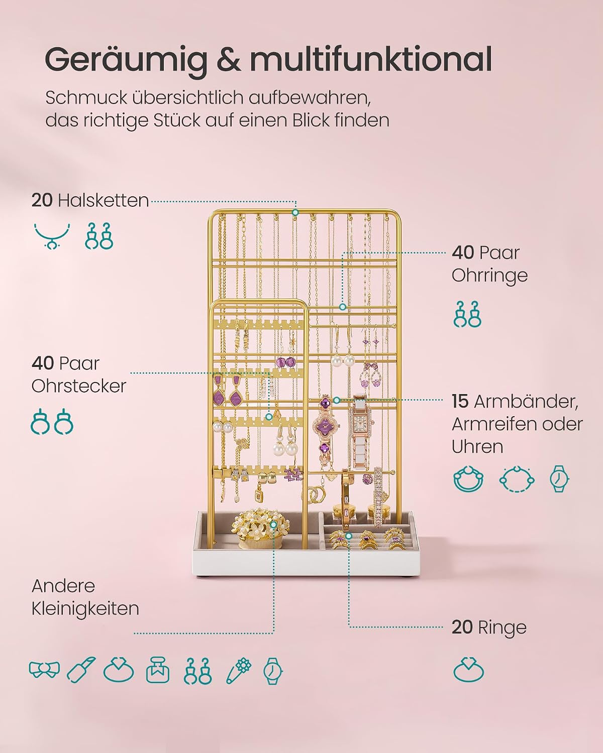 SONGMICS Schmuckständer, Metallrahmen, Samt-Schmucktablett für – Bild 4
