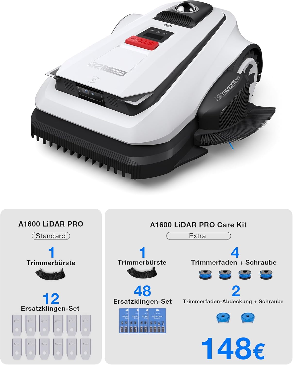 ECOVACS GOAT A1600 LiDAR PRO Care Kit Roboter-Rasenmäher ohne Begrenzungskabel, 1.600 m², 360° Dual-LiDAR-Navigation, automatische Kartierung, KI-3D-Hindernisvermeidung, superschnelles Laden, 50 % Steigung – Bild 2