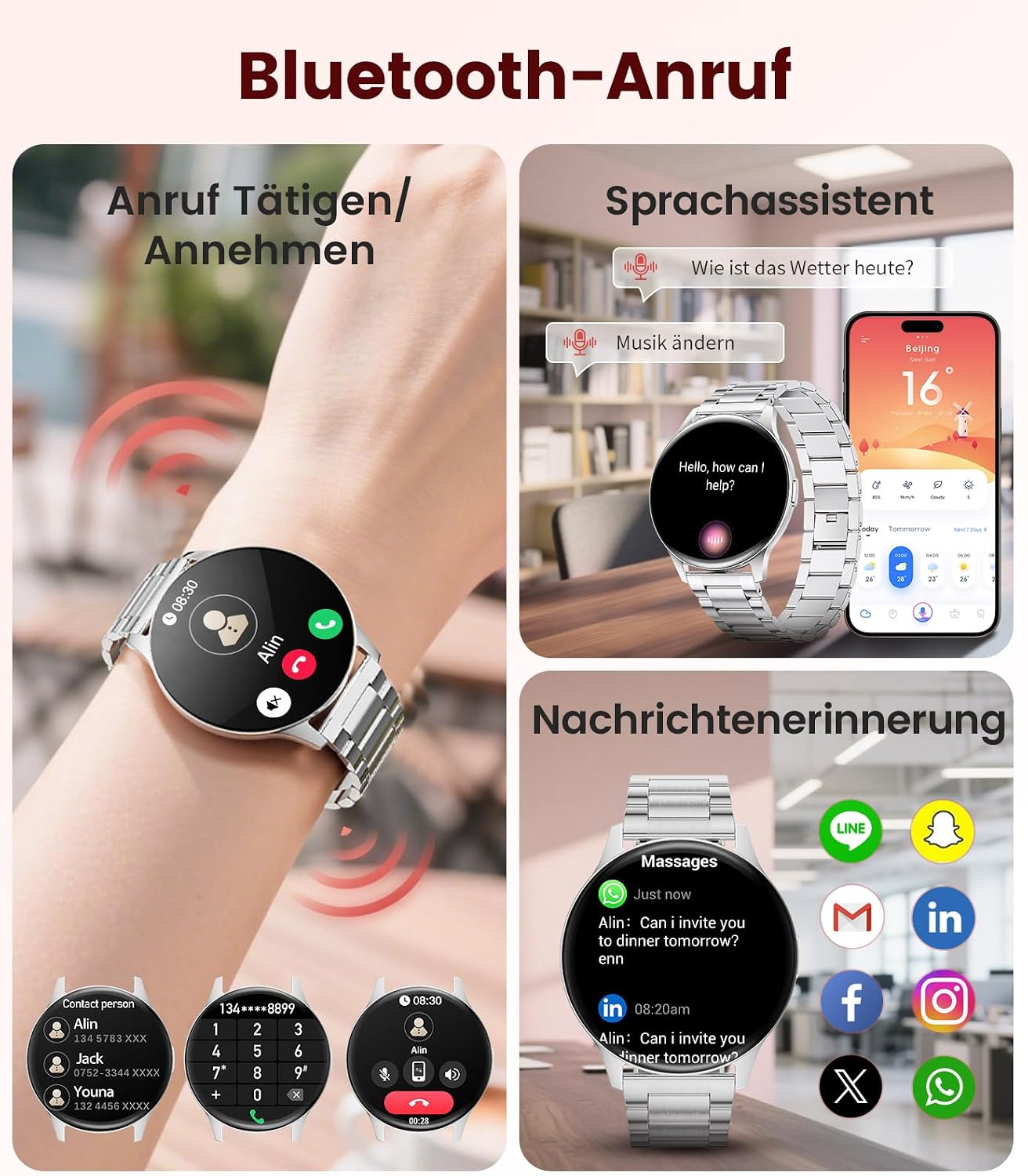 Damen Smartwatch (2 Armbänder), Premium Metallarmband, 1,43 Zoll HD AMOLED Display, 120+ Sportmodi, Fitnessuhr mit Schlaftracking, Telefonfunktion, Uhr für iOS Android, Silber – Bild 4
