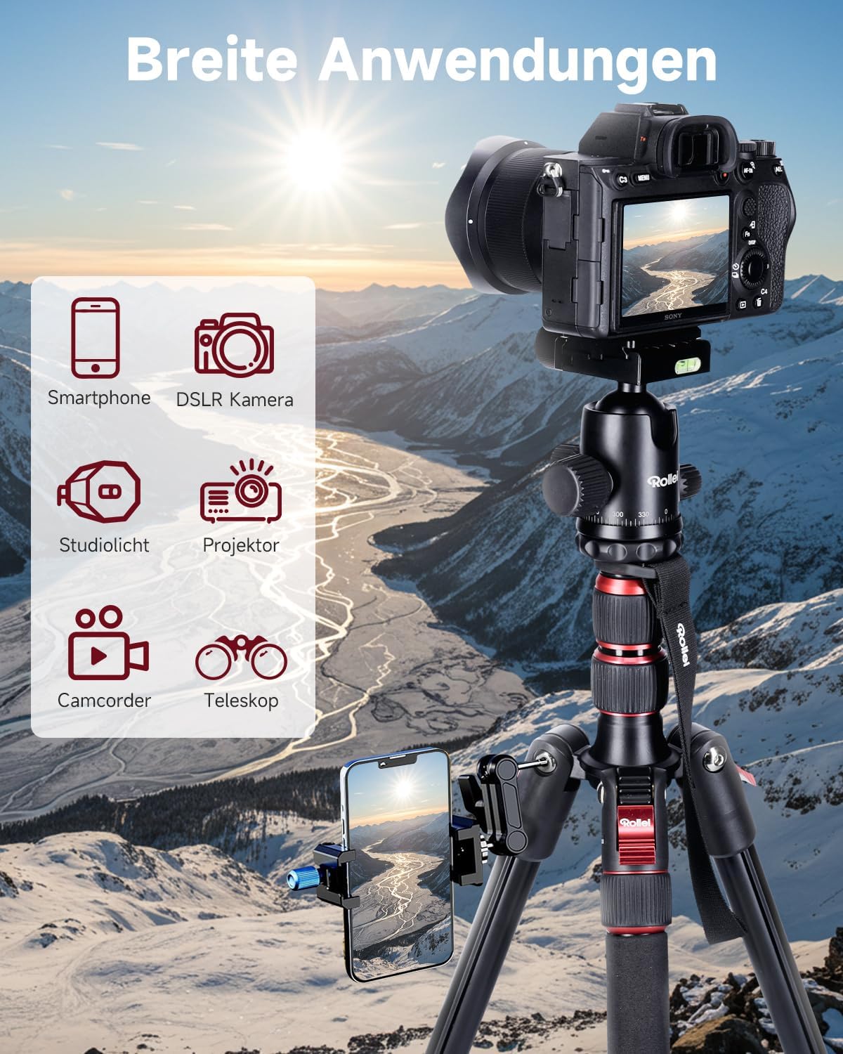 Rollei Compact Traveller No.2 Stativkamera 180 cm Aluminium Schwarz Rot – Bild 8