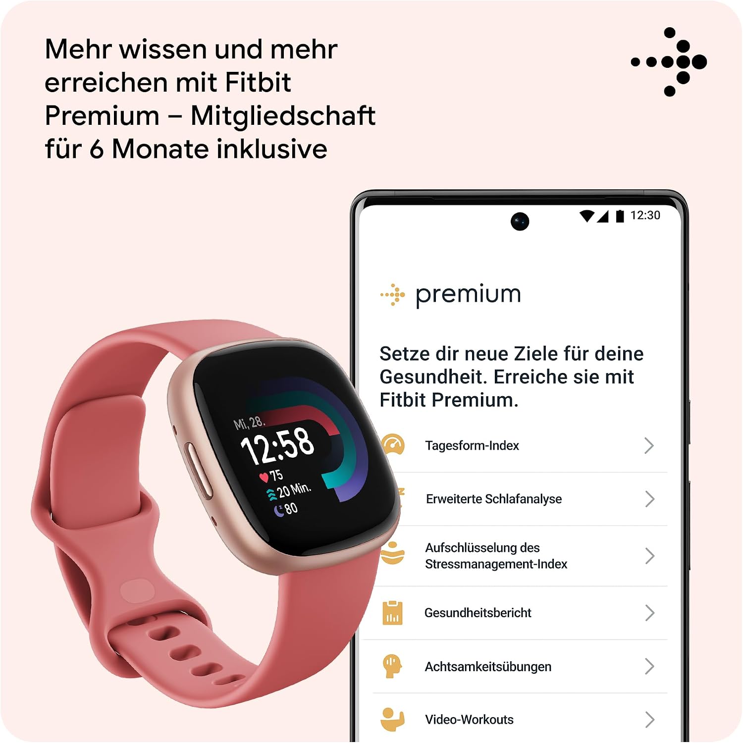 Fitbit Google Versa 4 Smartwatch Fitness-Tracker, inklusive 3-monatiger Google Health Premium-Mitgliedschaft, 6 Tage Akkulaufzeit – kompatibel mit Android/iOS, Sandrosa/Aluminium in Kupferrosa – Bild 9