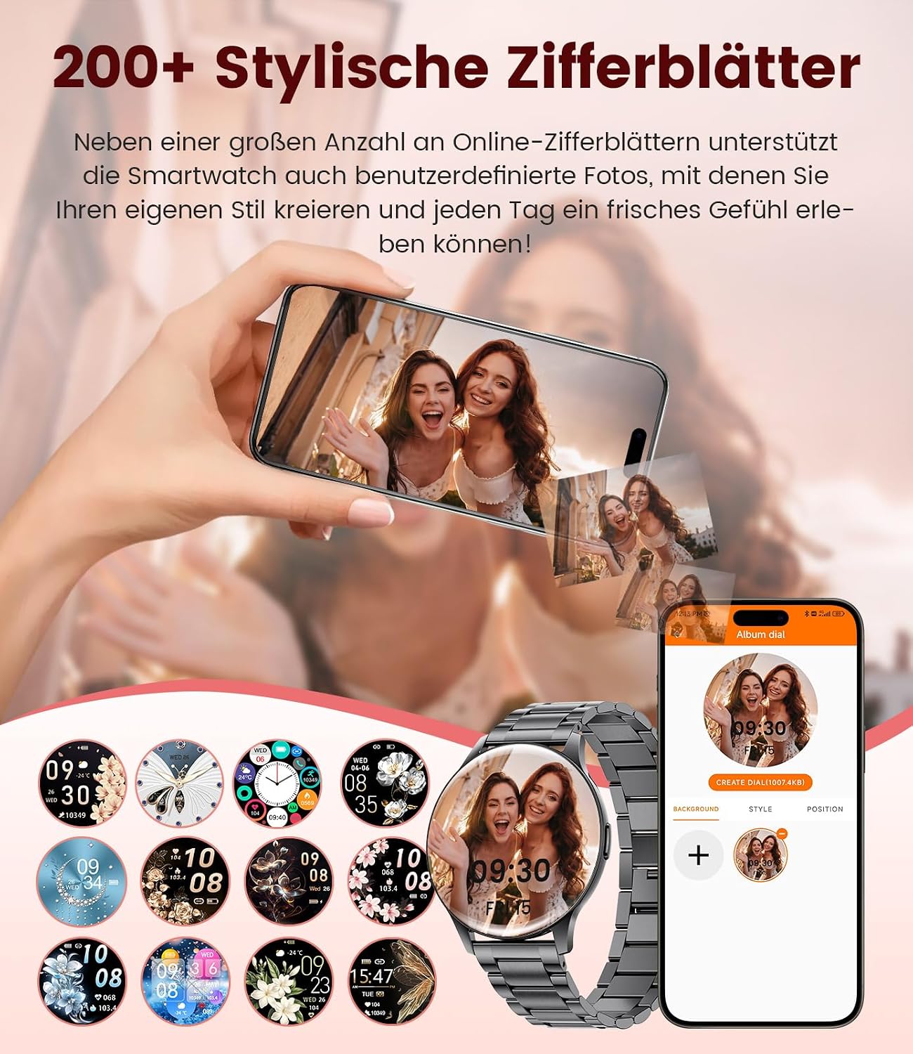 Damen Smartwatch (2 Armbänder), Premium Metallarmband, 1,43 Zoll HD AMOLED Display, 120+ Sportmodi, Fitnessuhr mit Schlaftracking, Telefonfunktion, Uhr für iOS Android, Schwarz – Bild 5