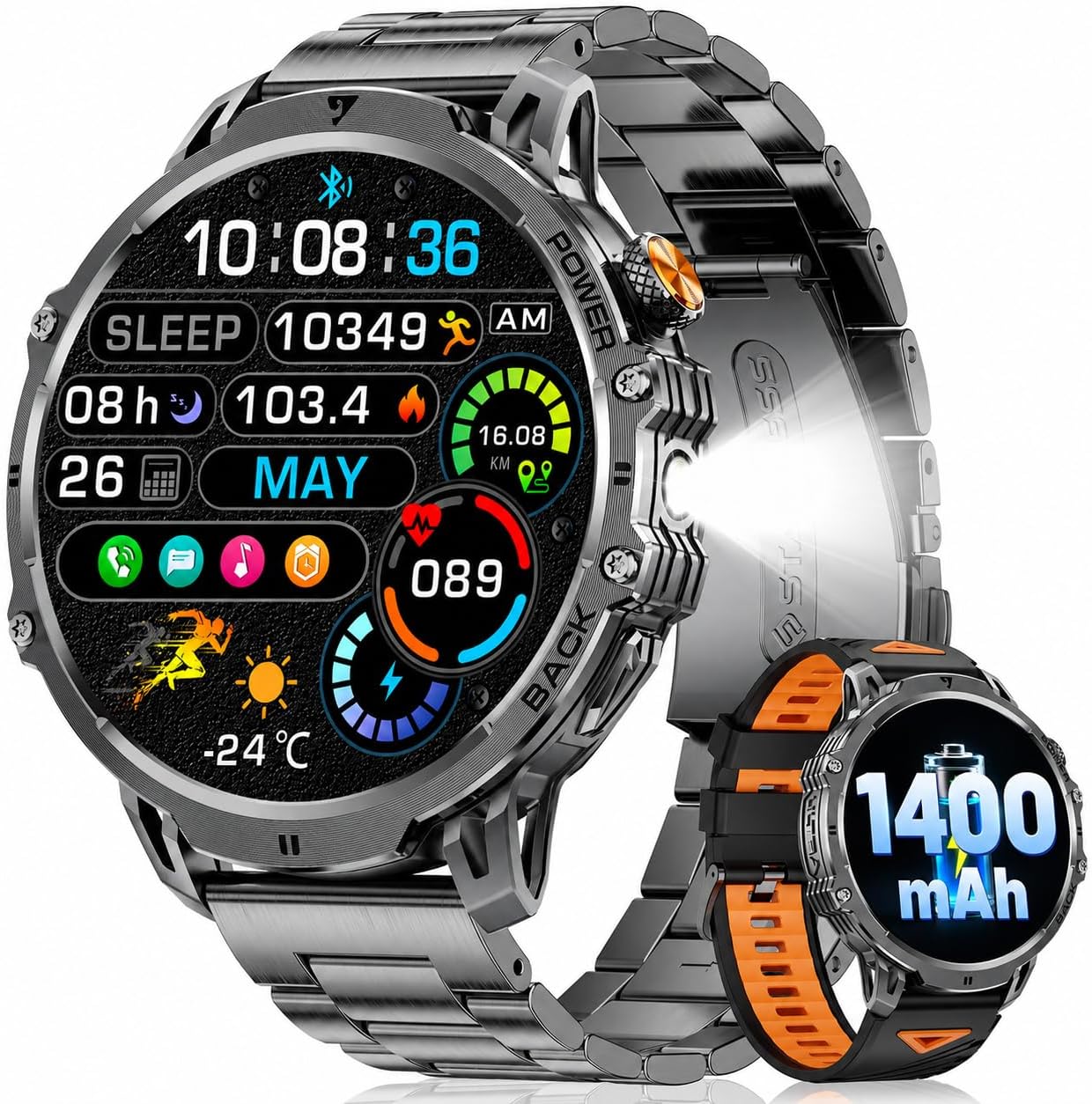 LIGE Militär-Smartwatch für Herren – 1400 mAh / 1,85 Zoll HD großer Touchscreen/Licht