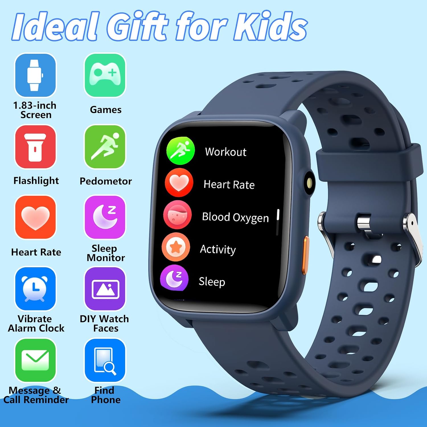 Kinder Smartwatch Fitness Tracker Uhr Digitale Fitnessuhr mit Schrittzähler, 24/7 Puls, IP68 Wasserdicht, Schlafmonitor, Wecker, Puzzlespiele, 1,85 Zoll HD Touchscreen für Mädchen Jungen 6-16 – Bild 2