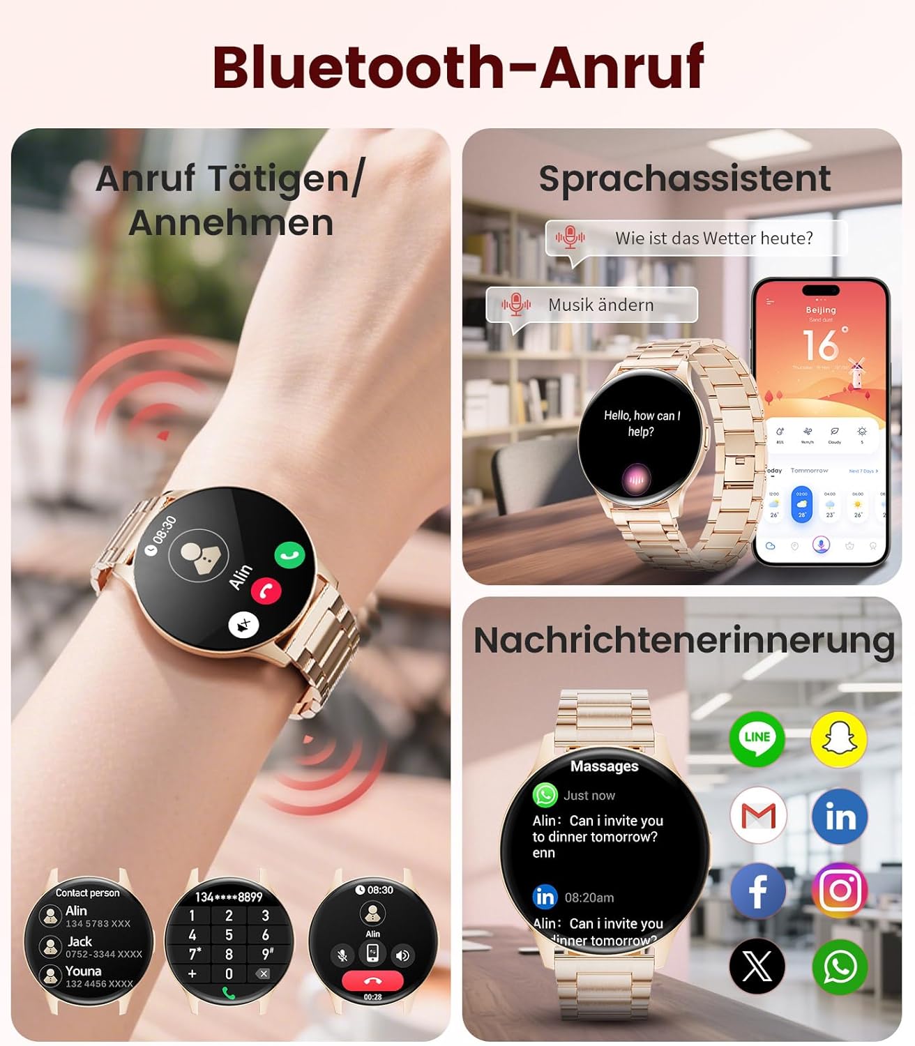 Damen-Smartwatch (2 Armbänder), Premium-Metallarmband, ultradünn, 1,43 Zoll HD AMOLED-Display, 120+ Sportmodi, Fitnessuhr mit Schlaf-Tracking, Telefonfunktion, Uhr für iOS Android – Bild 4