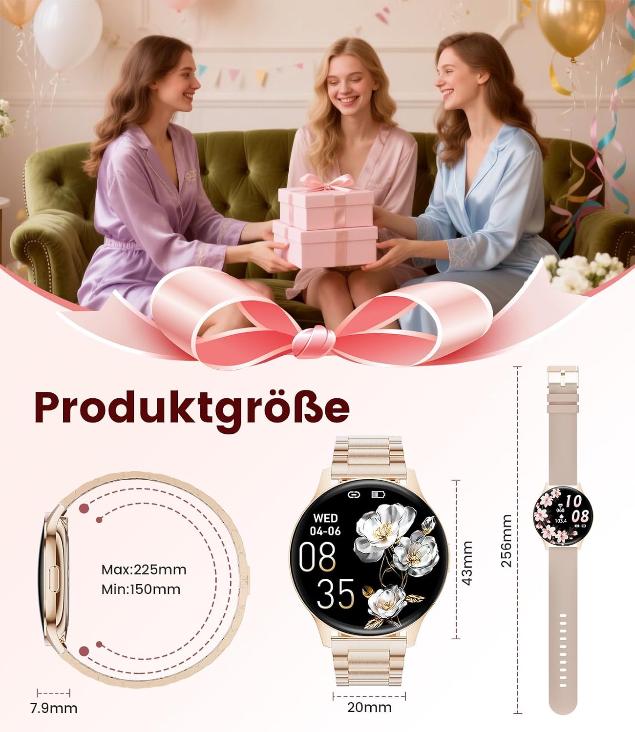 Damen-Smartwatch (2 Armbänder), Premium-Metallarmband, ultradünn, 1,43 Zoll HD AMOLED-Display, 120+ Sportmodi, Fitnessuhr mit Schlaf-Tracking, Telefonfunktion, Uhr für iOS Android – Bild 9