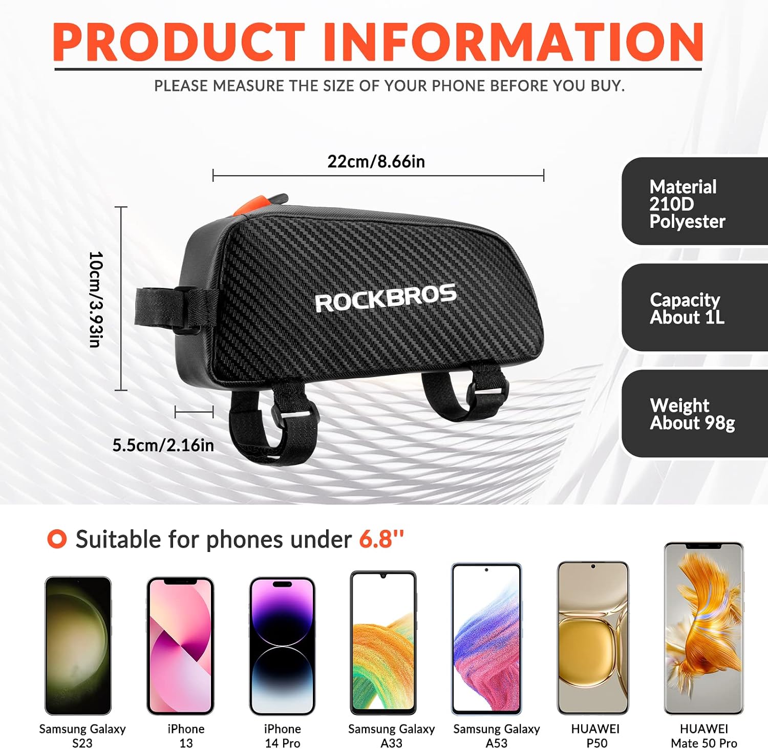Rockbros Rahmentasche für Fahrradrahmen, Oberrohrtasche, ca. 1 L 22 x 10 x 5,5 cm für iPhone X/Xs Max/XR 7/8 Plus – Bild 2