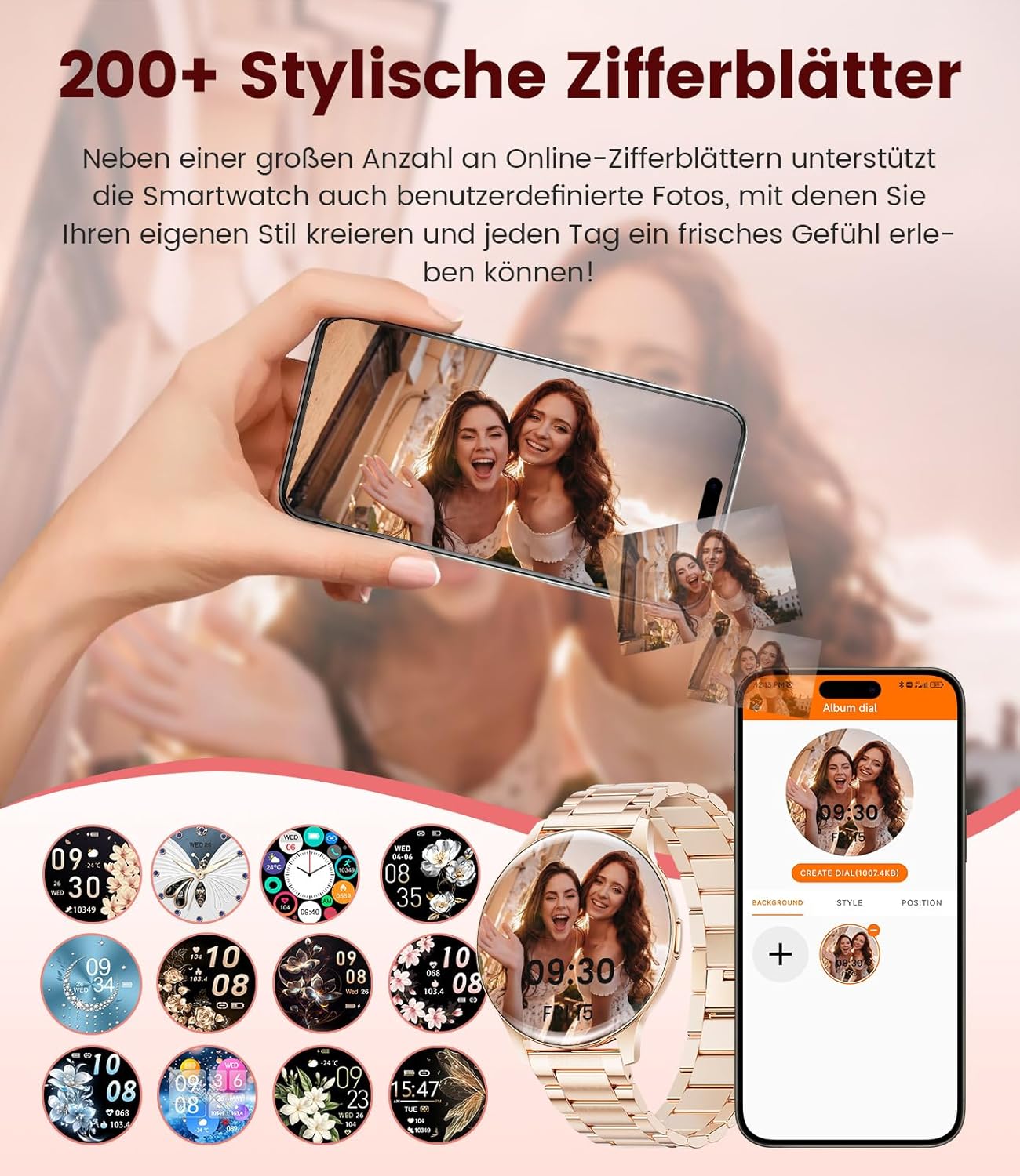 Damen-Smartwatch (2 Armbänder), Premium-Metallarmband, ultradünn, 1,43 Zoll HD AMOLED-Display, 120+ Sportmodi, Fitnessuhr mit Schlaf-Tracking, Telefonfunktion, Uhr für iOS Android – Bild 2
