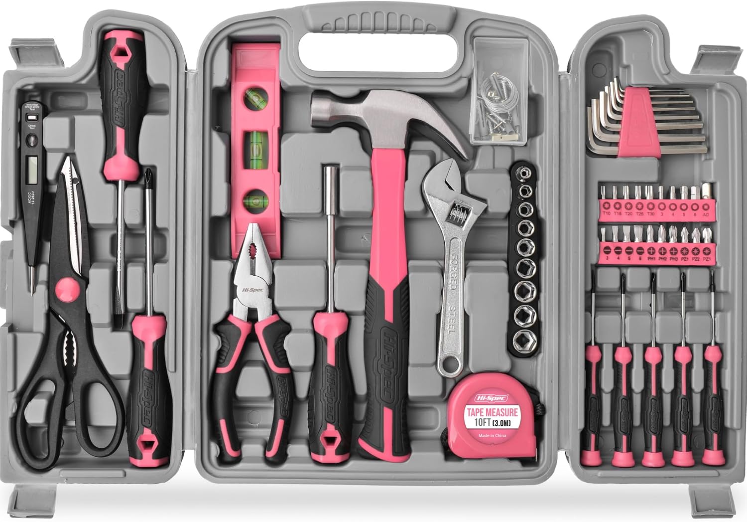 Hochwertiger Werkzeugkasten mit Hammer, Bit-Set, Muttern und Schraubendreher, Pink