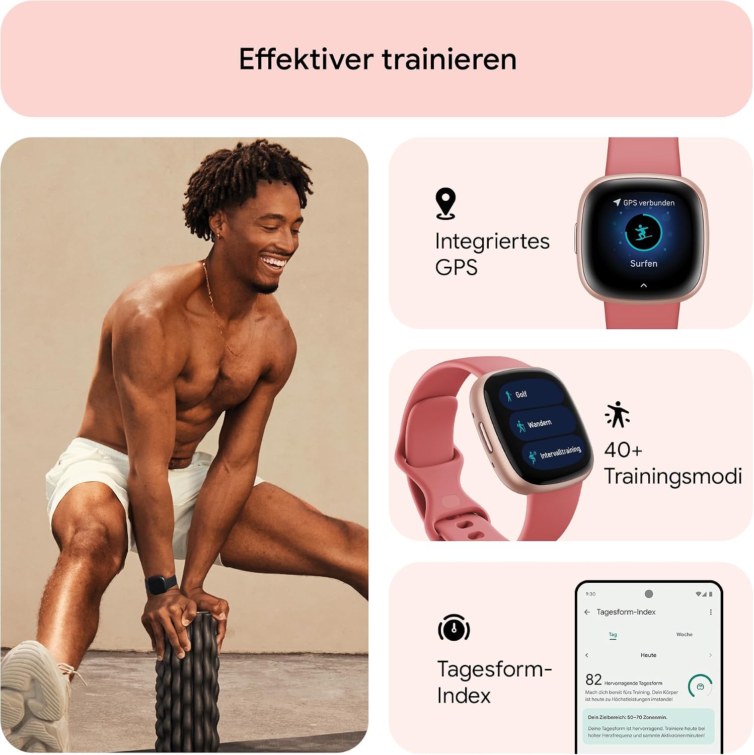 Fitbit Google Versa 4 Smartwatch Fitness-Tracker, inklusive 3-monatiger Google Health Premium-Mitgliedschaft, 6 Tage Akkulaufzeit – kompatibel mit Android/iOS, Sandrosa/Aluminium in Kupferrosa – Bild 3