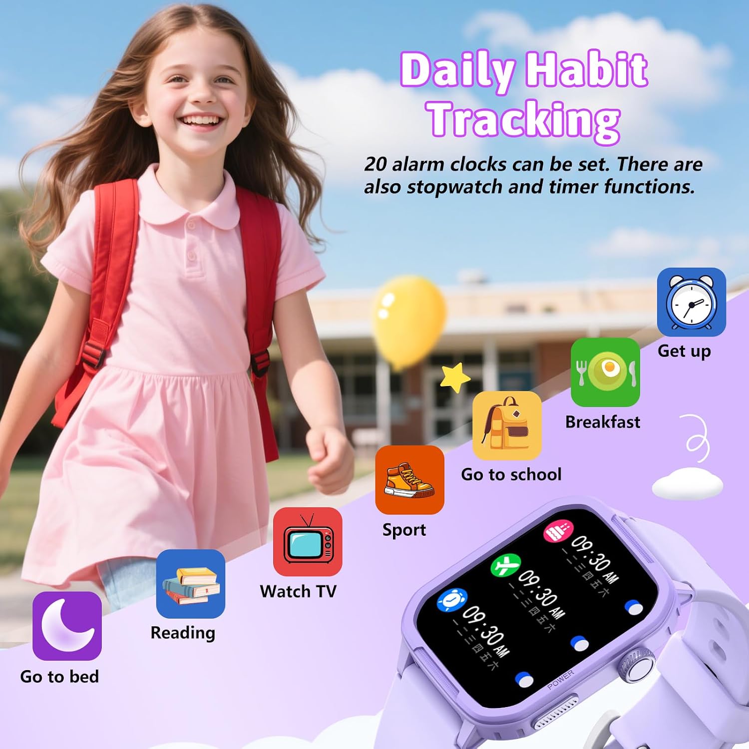 Smartwatch Kinder Fitness Tracker Uhr Digitale Fitnessuhr mit Schrittzähler, 24/7 Puls, IP68 Wasserdicht, Schlafmonitor, Wecker, Geschenk für Kinder Mädchen Jungen 6-16 (Lila) – Bild 6