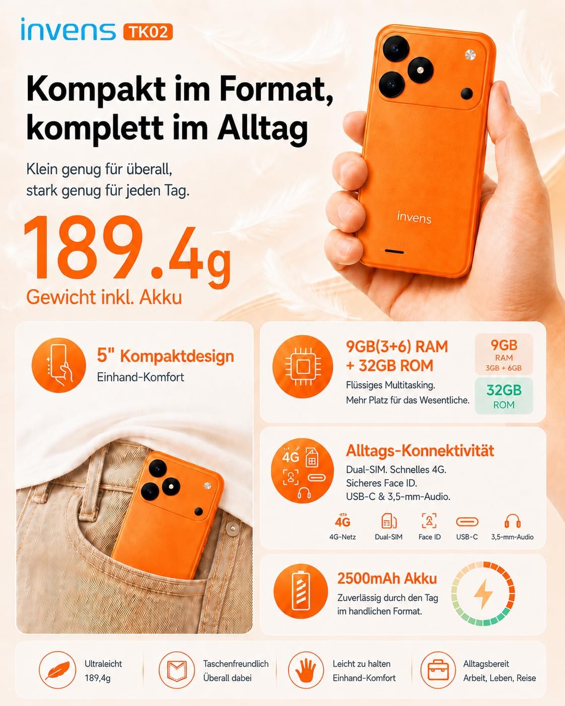 invens TK02 Handy ohne Vertrag, Android 16 Go, 5,0 Zoll Mini 4G – Bild 8