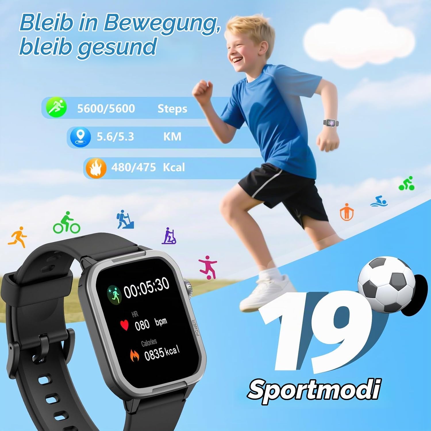 Smartwatch Kinder Fitness Tracker Uhr Digitale Fitnessuhr mit Schrittzähler, 24/7 Puls, IP68 Wasserdicht, Schlafmonitor, Wecker, Geschenk für Kinder Mädchen Jungen 6-16 (Schwarz) – Bild 4