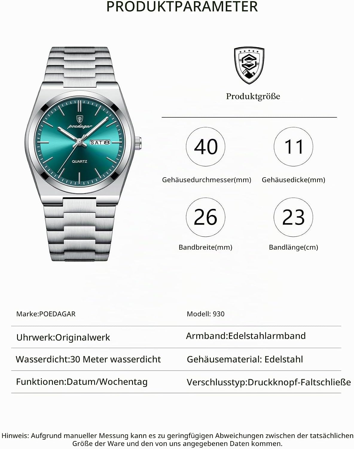 Poedagar Herren-Quarzuhr, wasserdicht, leuchtend, Datum, Woche, modisch, Business, klassische Uhren, Edelstahl, Herrenuhr – Bild 6
