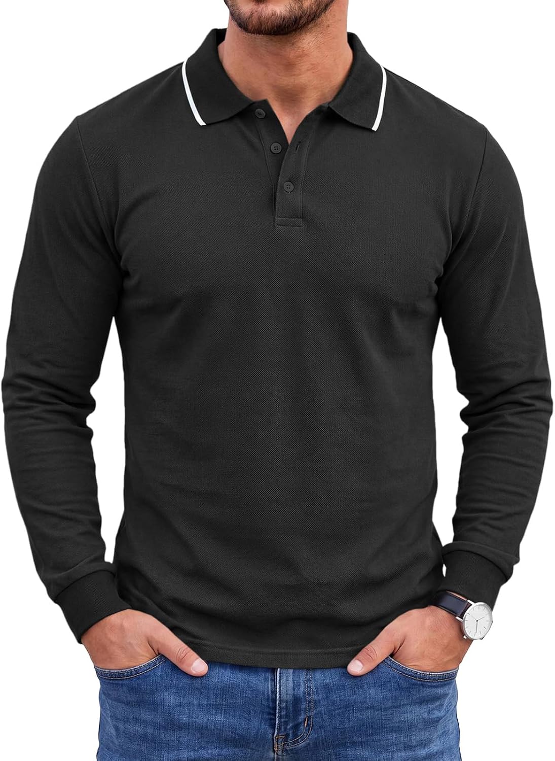 Runcati Herren-Poloshirts mit langen Ärmeln, einfarbig, leichte Oberteile