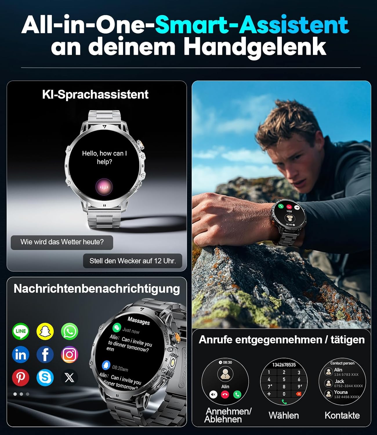 LIGE Militär-Smartwatch für Herren – 1400 mAh/1,85 Zoll HD großer Touchscreen/LED-Licht, Fitnessuhr mit über 110 Sportmodi, Herz-/Schlaf-Tracking, 2 Armbänder, IP68 wasserdicht, Sportuhr für iOS – Bild 10