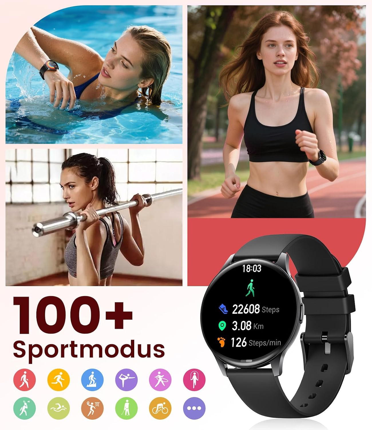 Damen Smartwatch (2 Armbänder), Premium Metallarmband, 1,43 Zoll HD AMOLED Display, 120+ Sportmodi, Fitnessuhr mit Schlaftracking, Telefonfunktion, Uhr für iOS Android, Schwarz – Bild 3