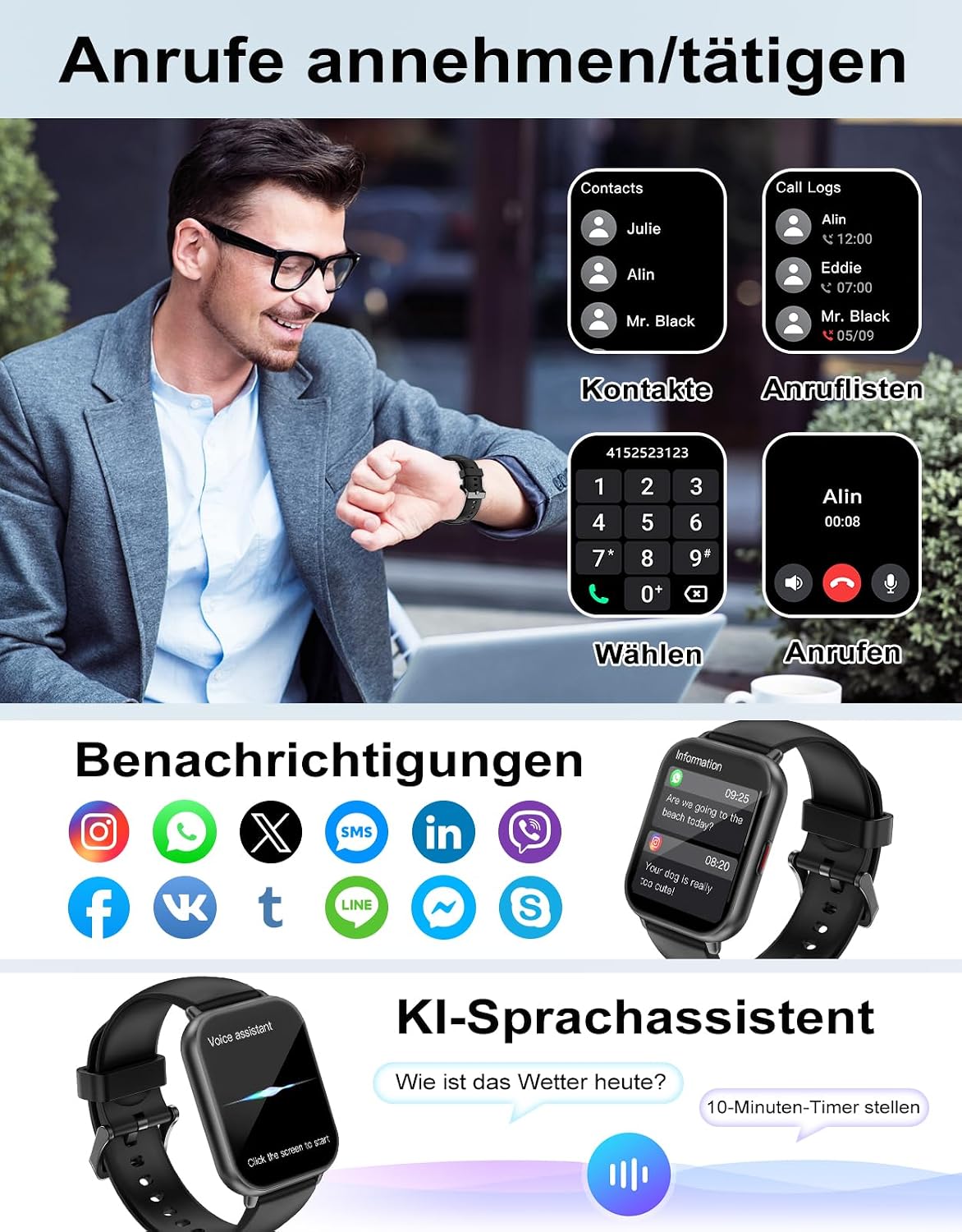 Smartwatch mit Telefonfunktion, Smartwatch für Damen und Herren, 1,85 Zoll HD – Bild 2