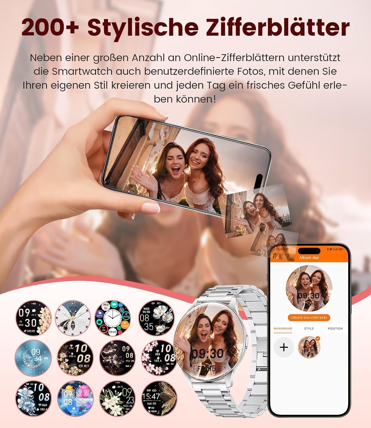 Damen Smartwatch (2 Armbänder), Premium Metallarmband, 1,43 Zoll HD AMOLED Display, 120+ Sportmodi, Fitnessuhr mit Schlaftracking, Telefonfunktion, Uhr für iOS Android, Silber – Bild 2