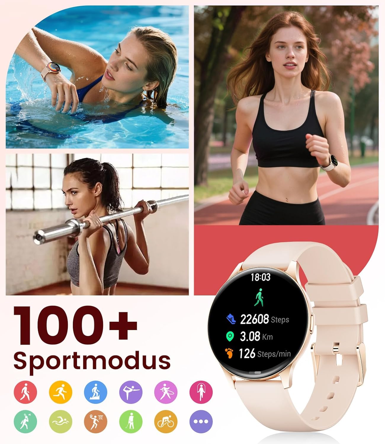 Damen-Smartwatch (2 Armbänder), Premium-Metallarmband, ultradünn, 1,43 Zoll HD AMOLED-Display, 120+ Sportmodi, Fitnessuhr mit Schlaf-Tracking, Telefonfunktion, Uhr für iOS Android – Bild 8