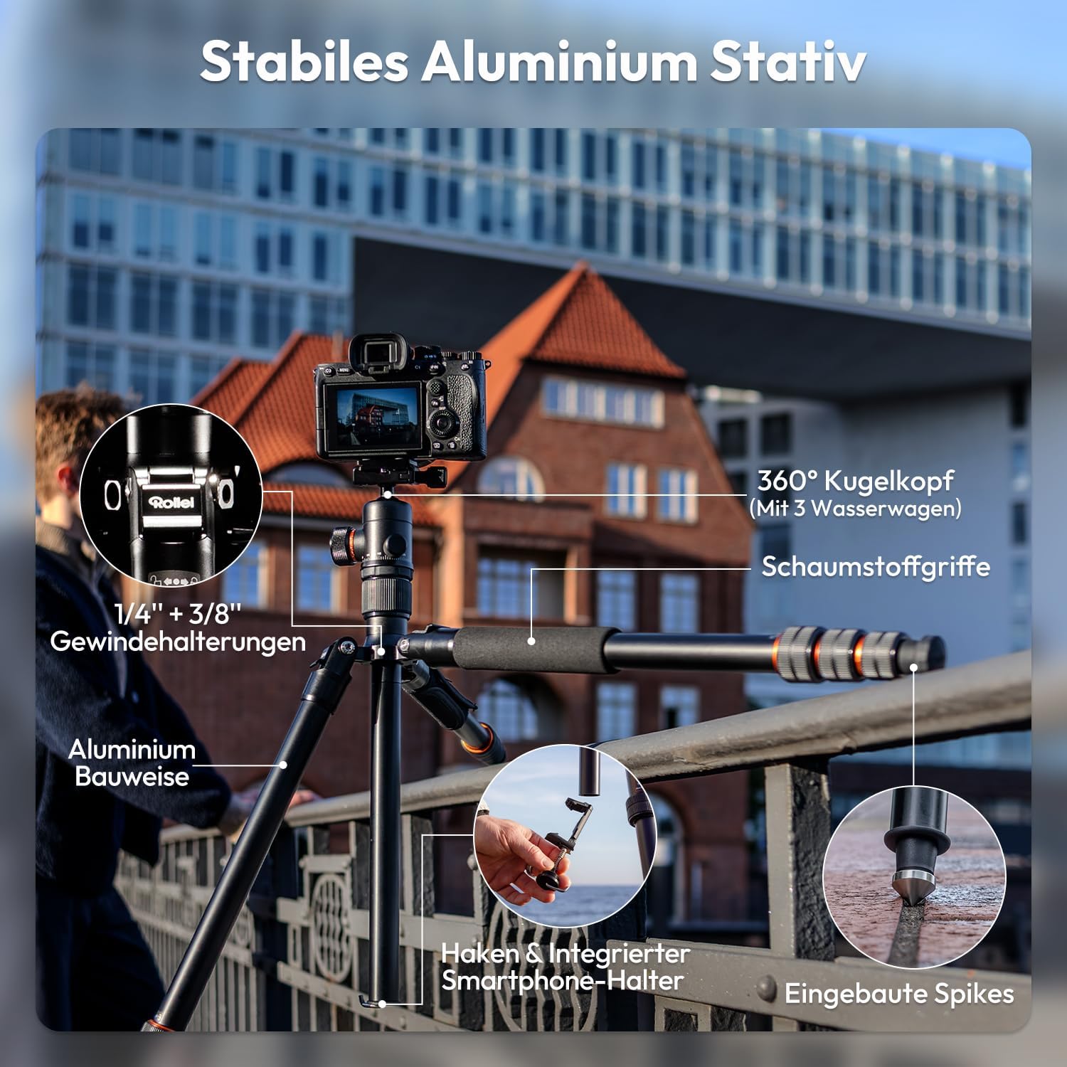 Rollei C5i Kamera Stativ Schwarz 158cm Kompaktes Fotostativ aus Aluminium – Bild 6