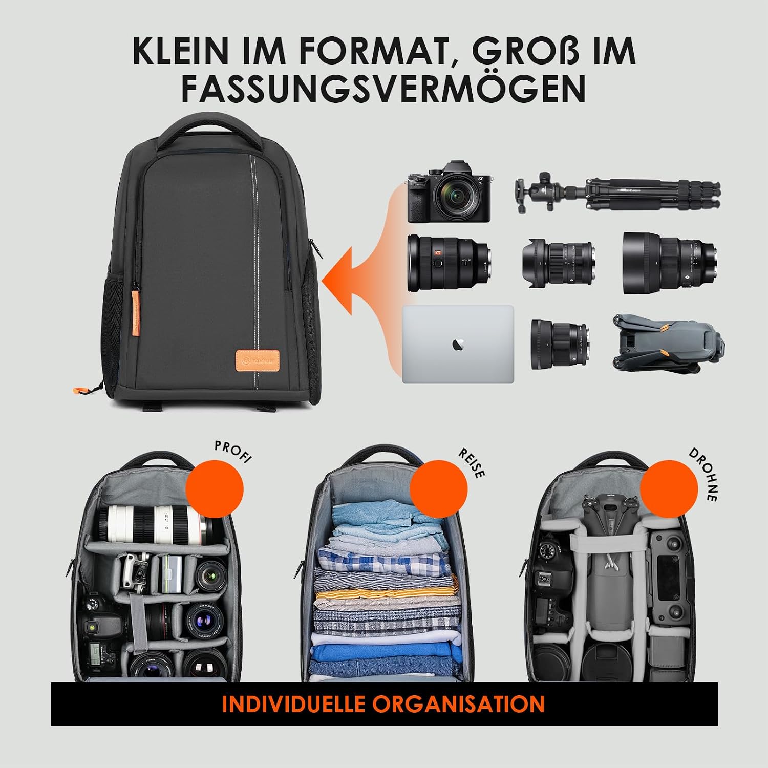 TARION Kamerarucksack Leichter Kamerarucksack mit 15-Zoll-Laptop – Bild 3