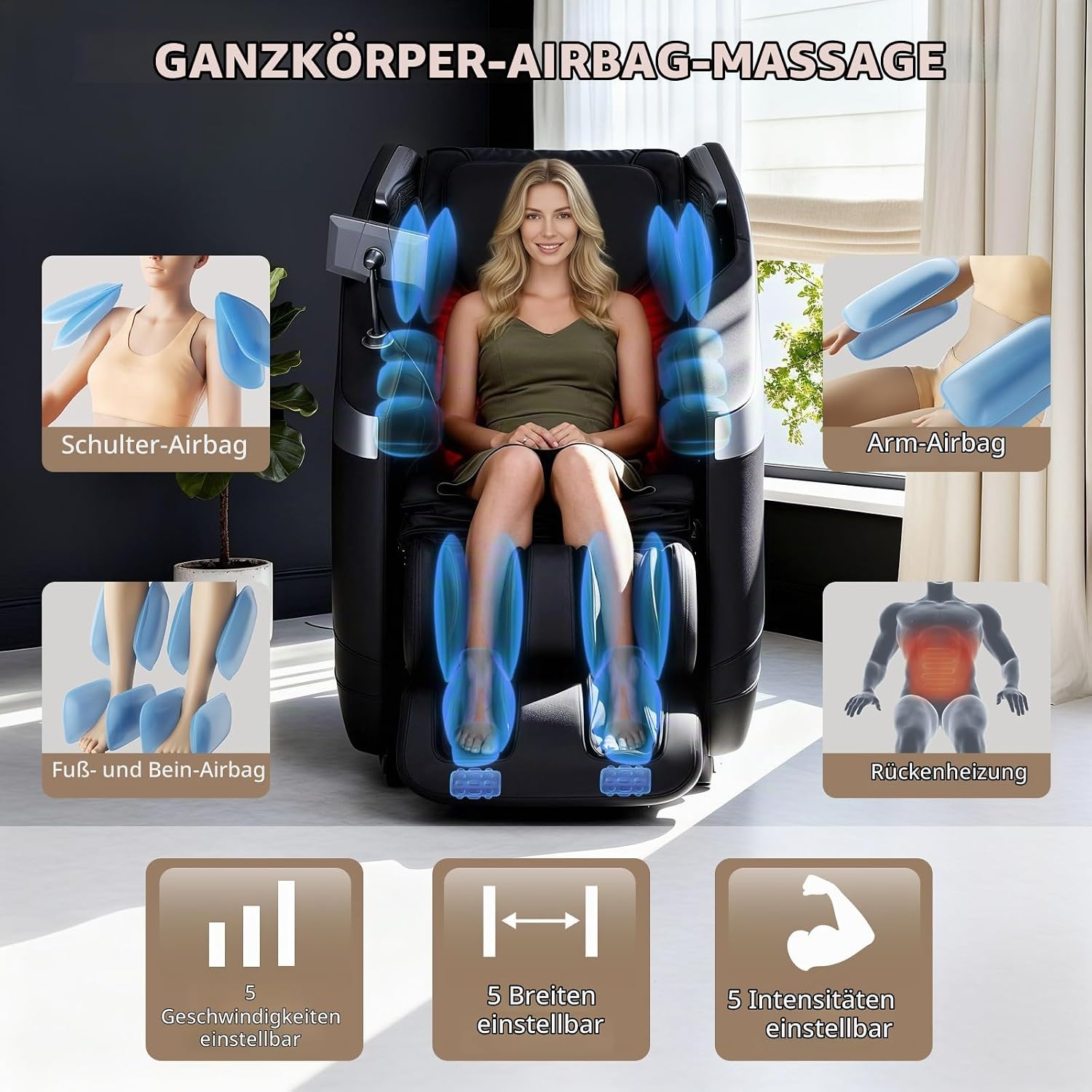 HealthRelife 3D-Ganzkörpermassagesessel 135 cm SL-Schiene mit 12 Programmen – Bild 4
