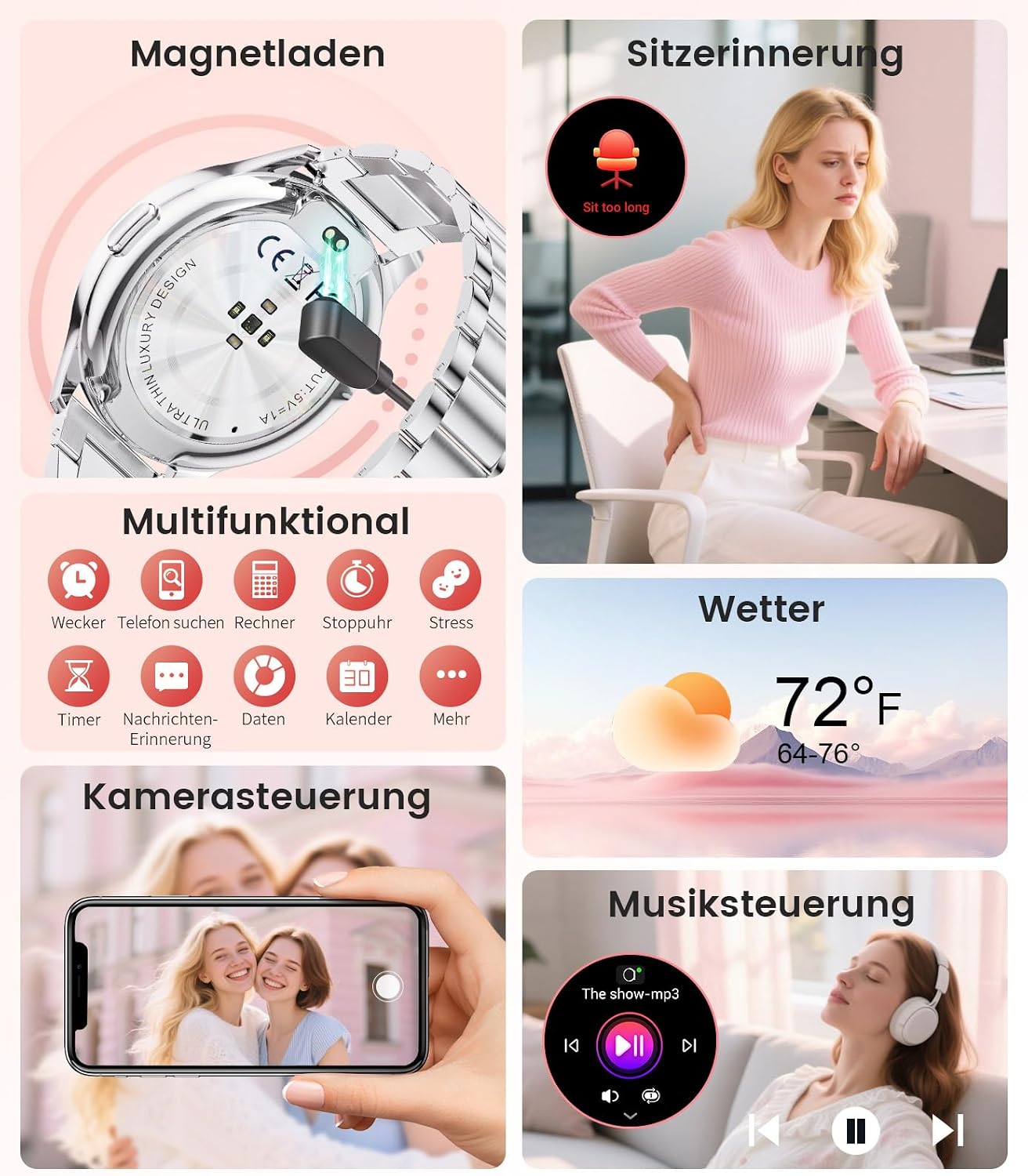 Damen Smartwatch (2 Armbänder), Premium Metallarmband, 1,43 Zoll HD AMOLED Display, 120+ Sportmodi, Fitnessuhr mit Schlaftracking, Telefonfunktion, Uhr für iOS Android, Silber – Bild 8