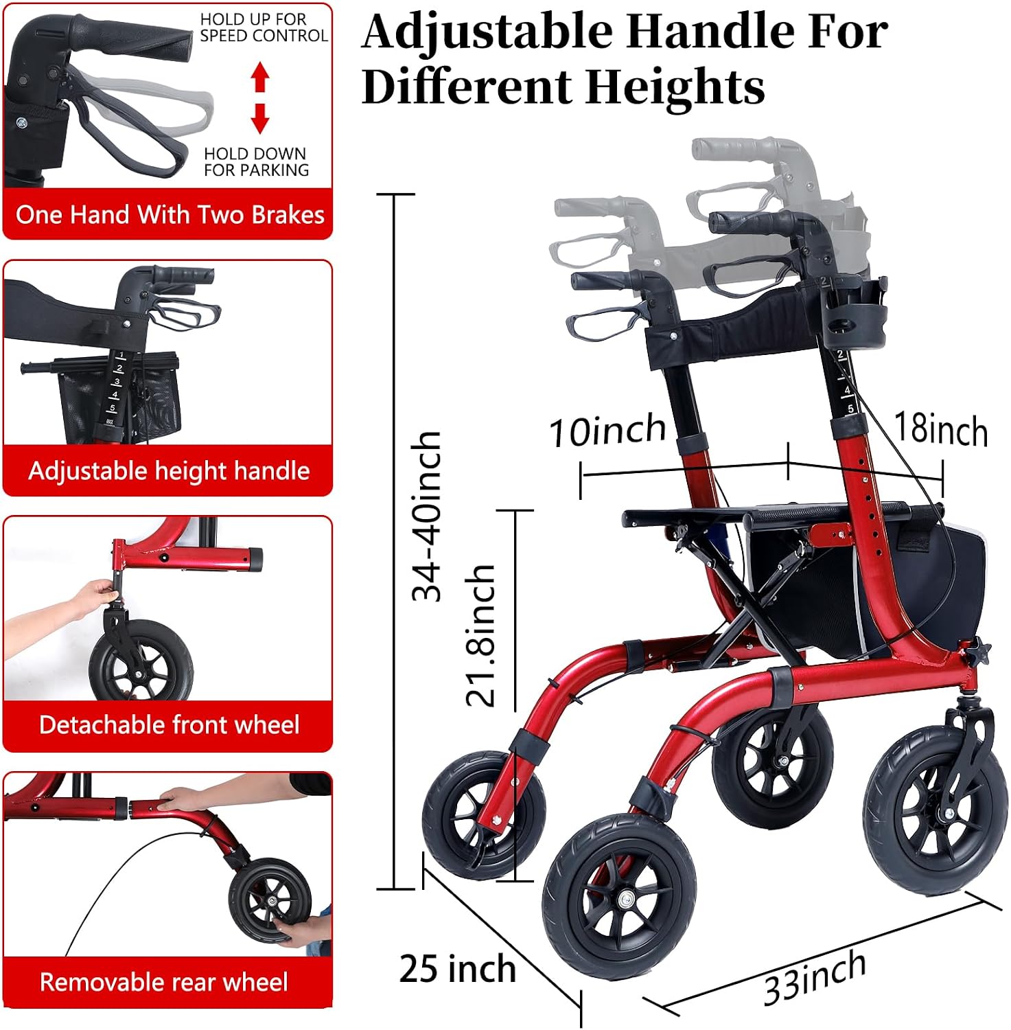 Klappbarer Rollator mit Sitzpolster, Einkaufstasche und Stockhalter – höhenverstellbar, leicht und schlank für Senioren – Gehhilfe mit Bremse, 10 Zoll/8 Zoll All-Terrain-Räder, Aluminium, Schwarz (Rot) – Bild 2