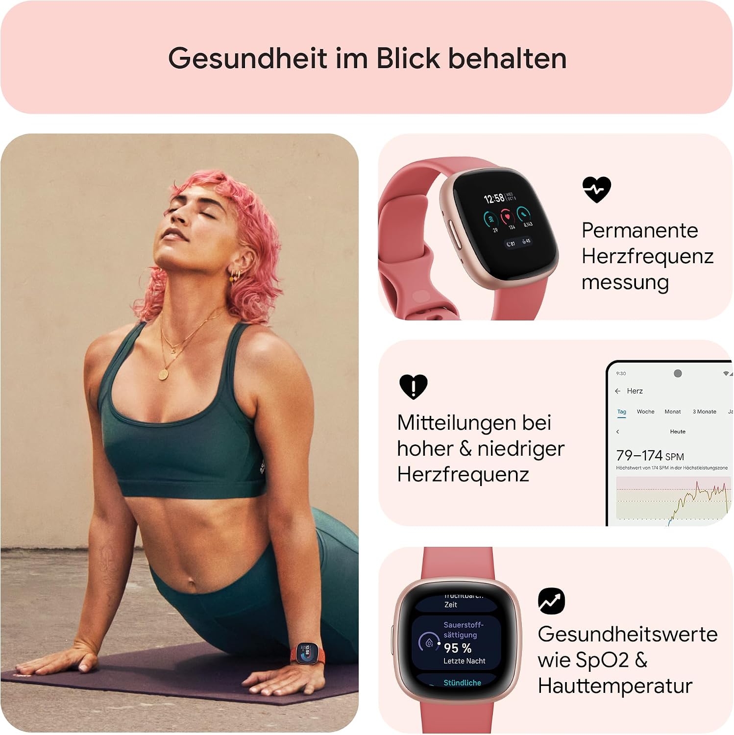 Fitbit Google Versa 4 Smartwatch Fitness-Tracker, inklusive 3-monatiger Google Health Premium-Mitgliedschaft, 6 Tage Akkulaufzeit – kompatibel mit Android/iOS, Sandrosa/Aluminium in Kupferrosa – Bild 6