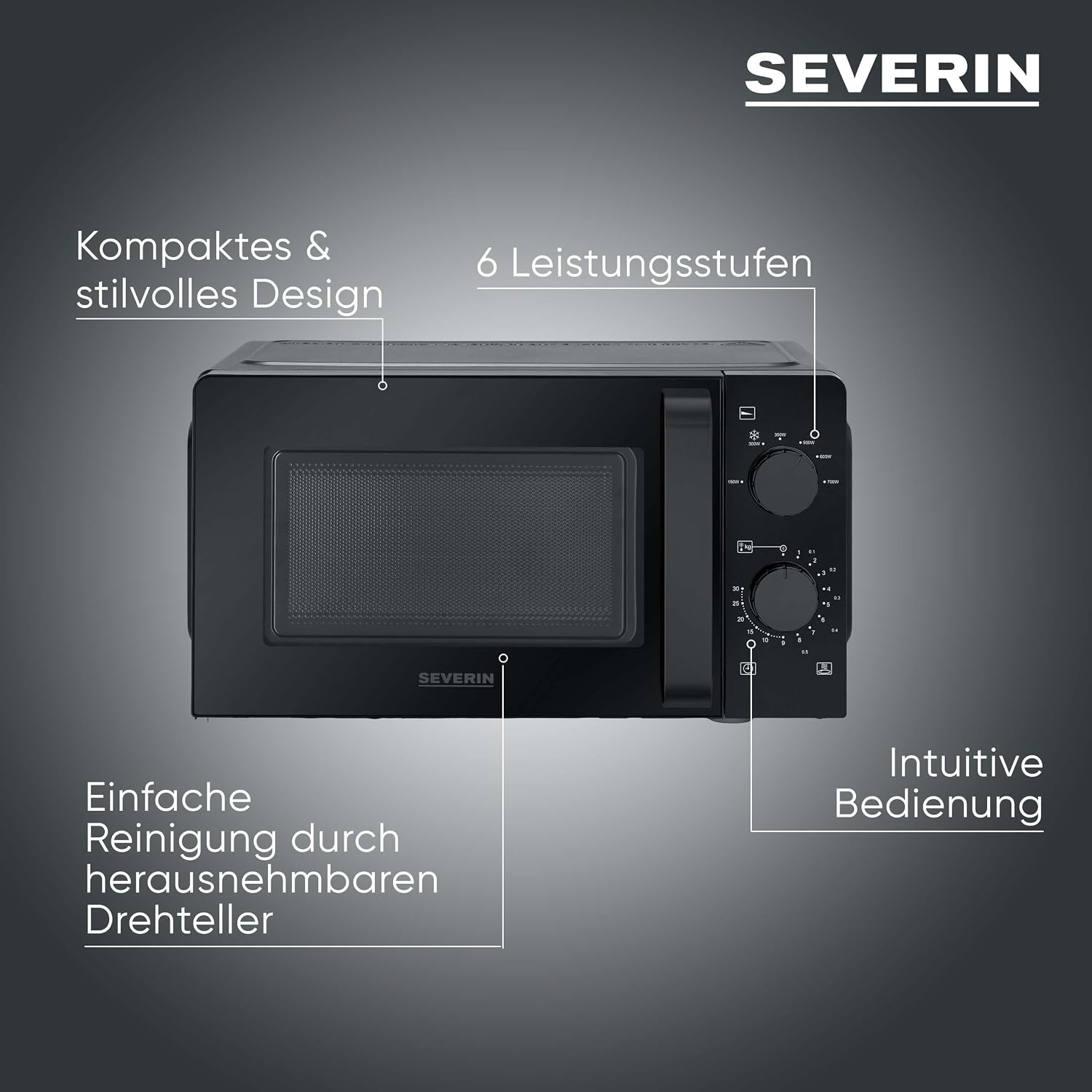 SEVERIN MW 9180 Solo, zum Auftauen und Erhitzen, Mikrowellengerät mit Drehteller und 6 Leistungsstufen, Design - Schwarz komplett, 700 W, 19 L Fassungsvermögen, MW 9180 – Bild 2