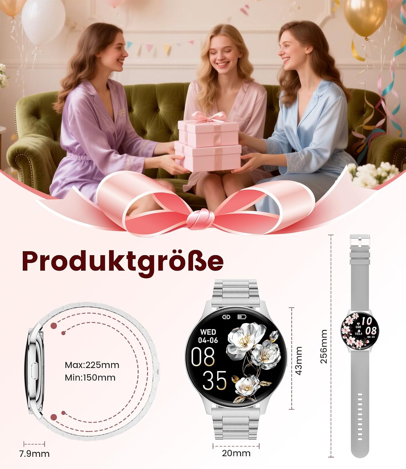 Damen Smartwatch (2 Armbänder), Premium Metallarmband, 1,43 Zoll HD AMOLED Display, 120+ Sportmodi, Fitnessuhr mit Schlaftracking, Telefonfunktion, Uhr für iOS Android, Silber – Bild 9