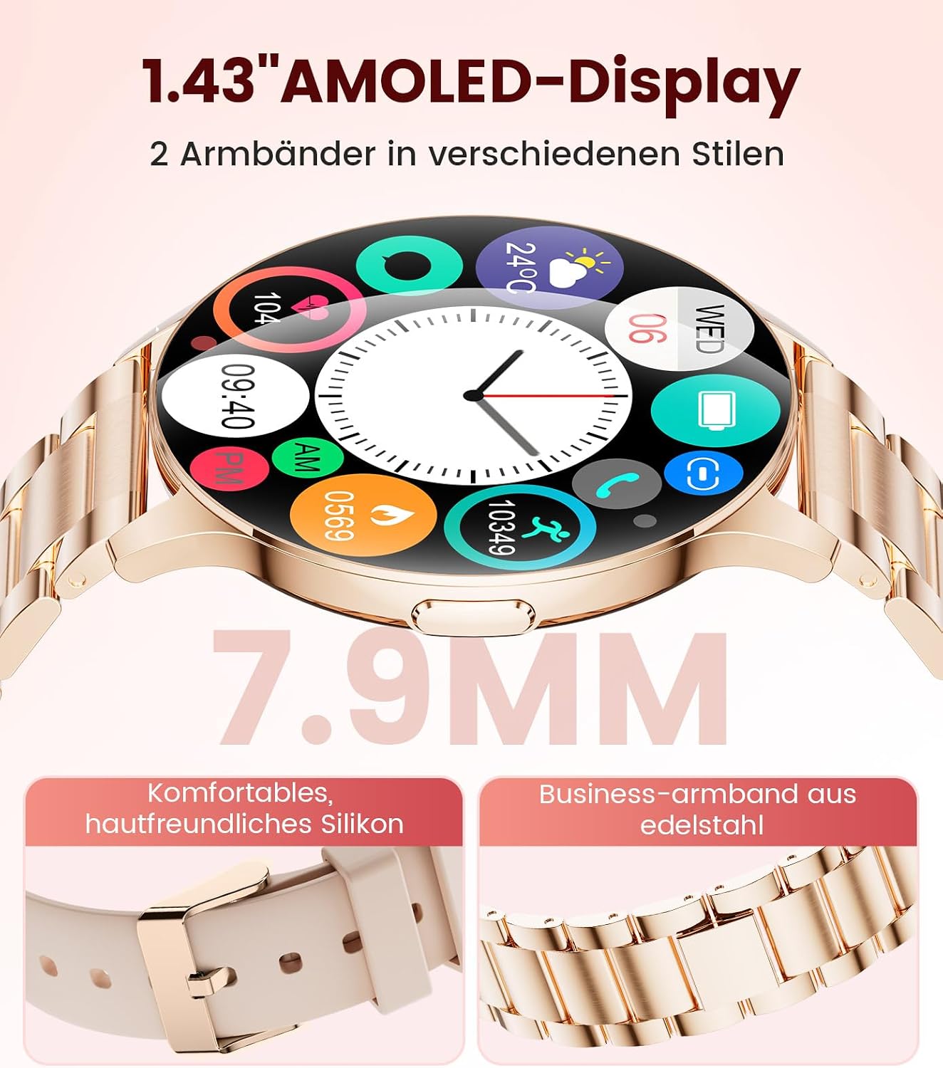 Damen-Smartwatch (2 Armbänder), Premium-Metallarmband, ultradünn, 1,43 Zoll HD AMOLED-Display, 120+ Sportmodi, Fitnessuhr mit Schlaf-Tracking, Telefonfunktion, Uhr für iOS Android – Bild 3