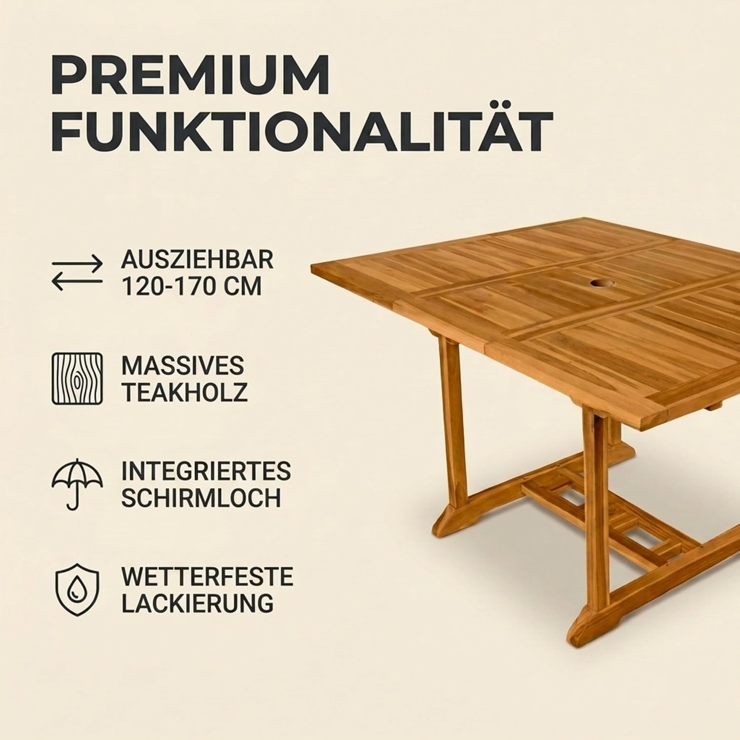 SAM Gartentisch Madera, 120–170 x 120 cm, Teakholz, quadratischer Ausziehtisch – Bild 8