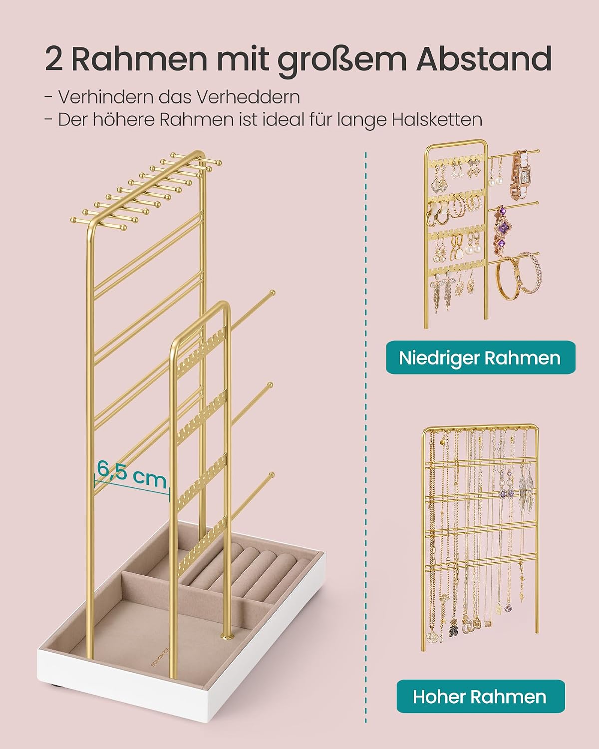 SONGMICS Schmuckständer, Metallrahmen, Samt-Schmucktablett für – Bild 3
