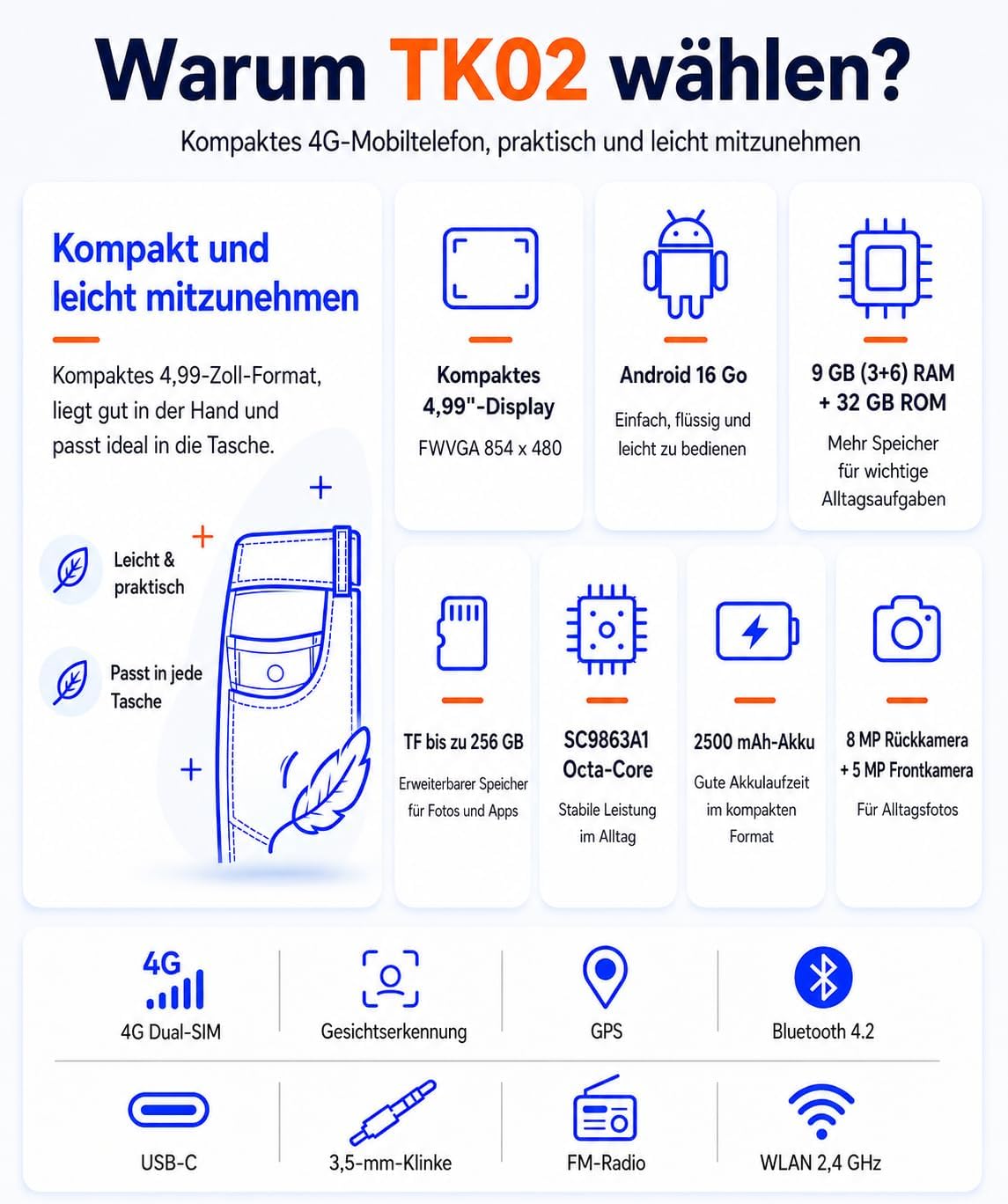 invens TK02 Handy ohne Vertrag, Android 16 Go, 5,0 Zoll Mini 4G – Bild 4
