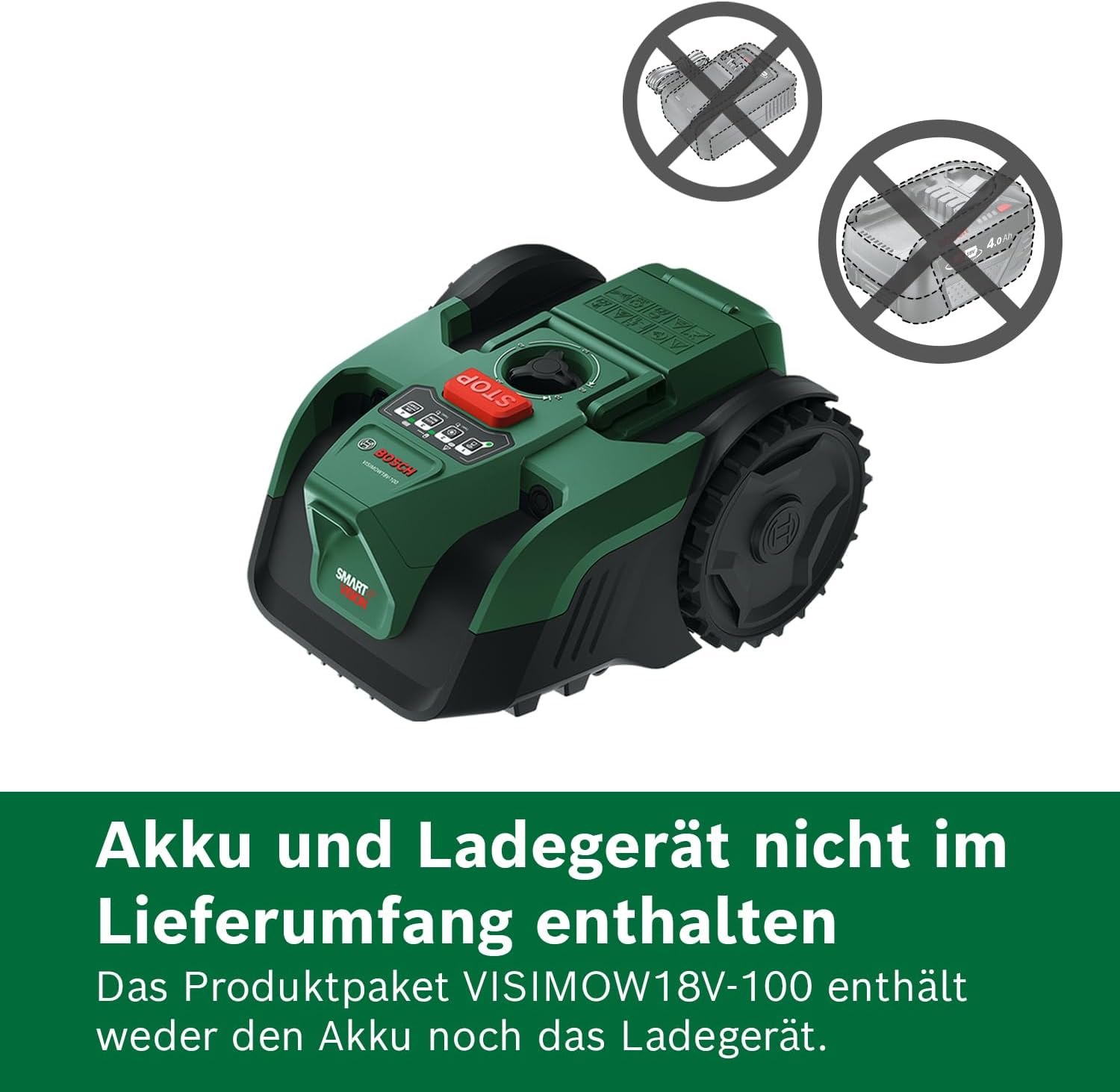 Bosch VISIMOW18V-100 Roboter-Rasenmäher (für Rasenflächen bis 100 m², Schnittbreite: 16 cm, Schnitthöhe: 20-60 mm, ohne Akku) – Bild 2