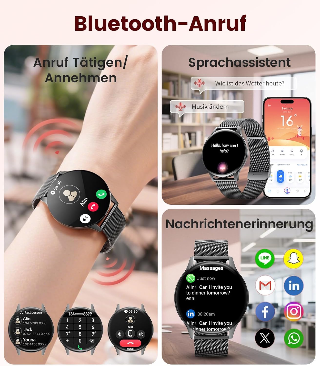 Damen Smartwatch (2 Armbänder), Premium Metallarmband, 1,43 Zoll HD AMOLED Display, 120+ Sportmodi, Fitnessuhr mit Schlaftracking, Telefonfunktion, Uhr für iOS Android, Schwarz – Bild 4